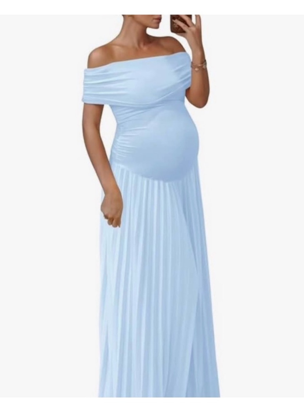 Off-Shoulder Light Blue Maternity Maxi Dress